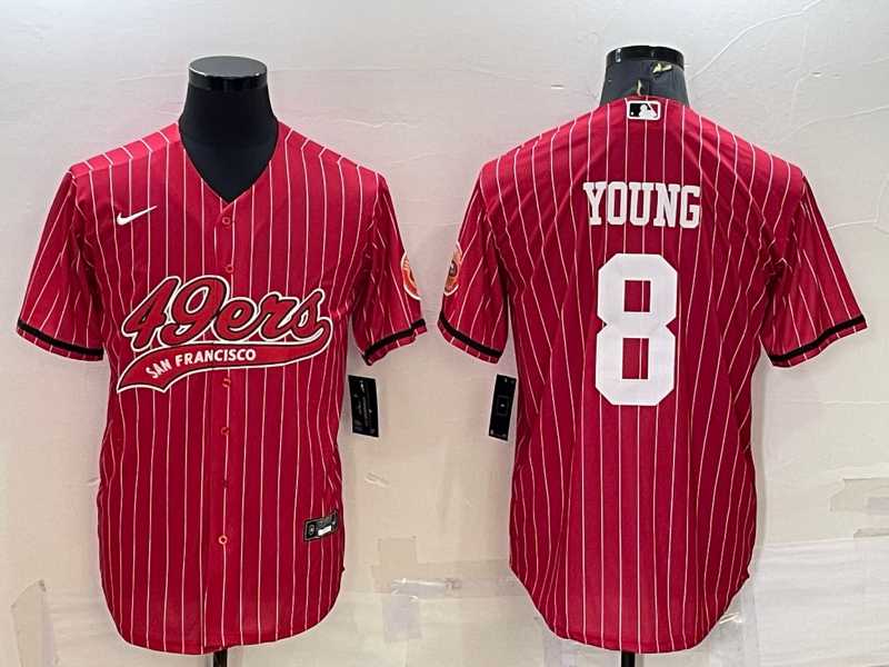 Mens San Francisco 49ers #8 Steve Young Red Pinstripe With Patch Cool Base Stitched Baseball Jersey